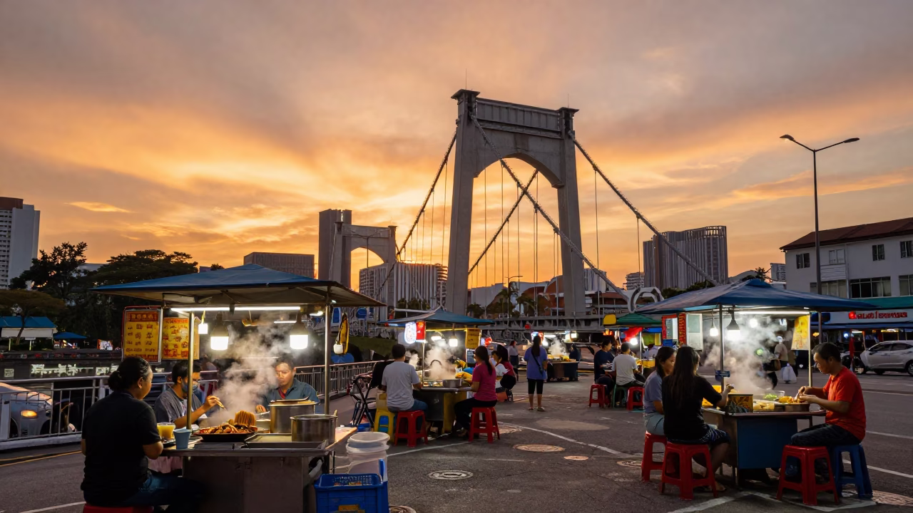 Kuala Lumpur Sunset Street Scene with Food Stall and Drawbridge in Background in in Kuala Lumpur, Malaysia