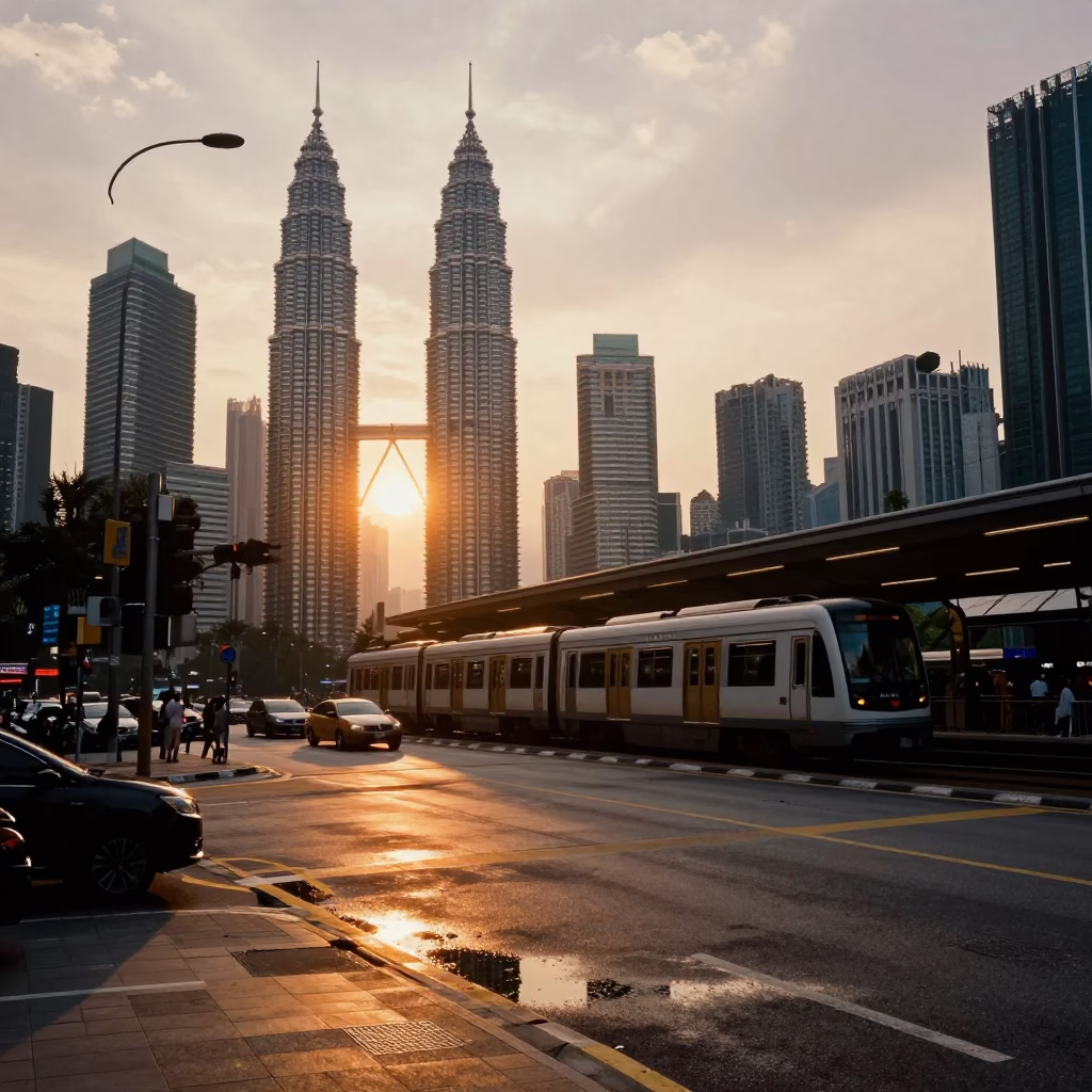 Kuala Lumpur Sunset Street Scene with Metro Train and Puddle Reflections in in Kuala Lumpur, Malaysia