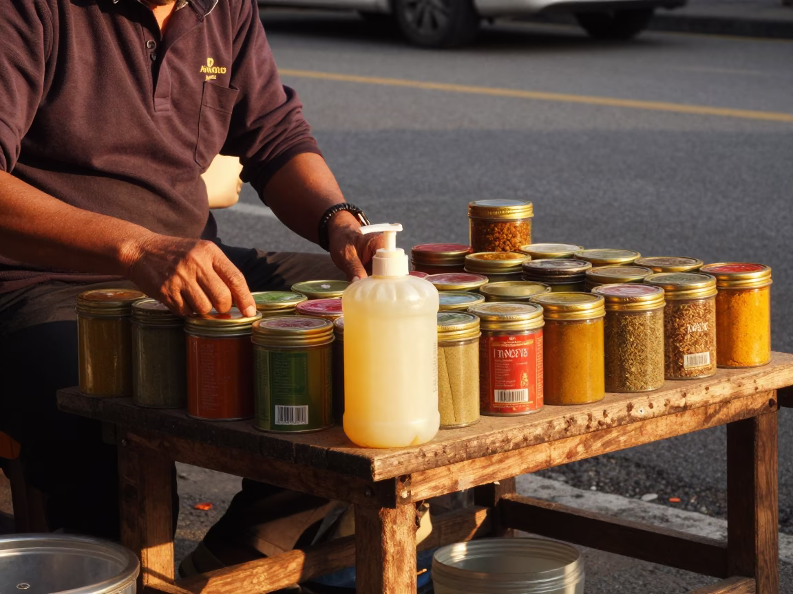Kuala Lumpur Sunset Street Scene with Spice Tins and Soap Bottle on Wooden Stool in in Kuala Lumpur, Malaysia