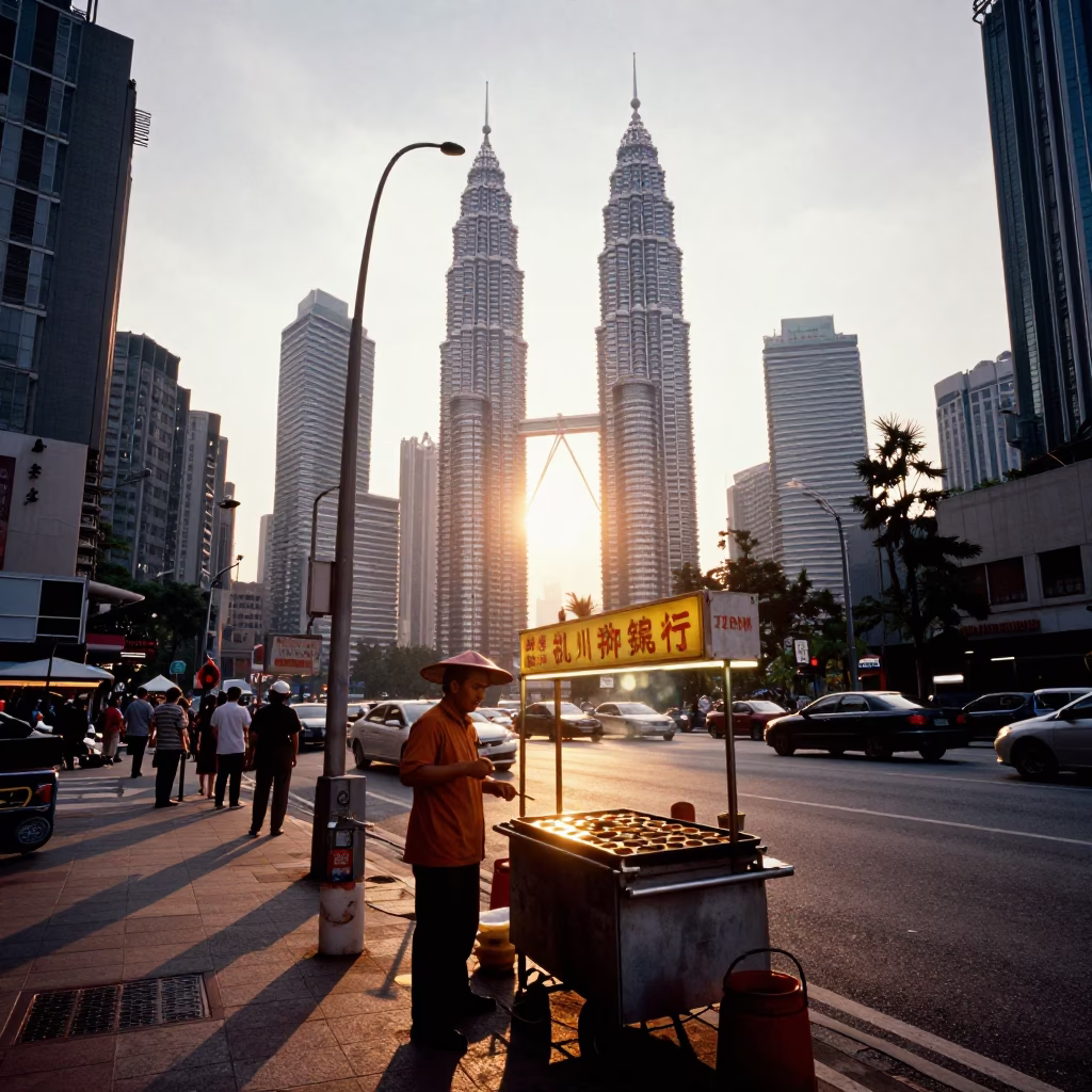 Kuala Lumpur Sunset Street Scene with Takoyaki Grill and Urban Architecture in in Kuala Lumpur, Malaysia