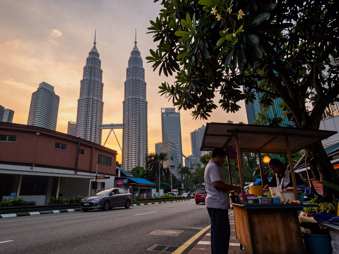 Kuala Lumpur Sunset Street Scene with Ylang-Ylang Tree and Local Vendor in in Kuala Lumpur, Malaysia
