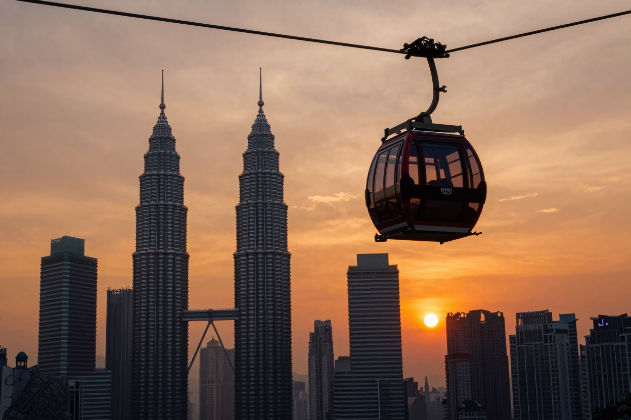 Kuala Lumpur Towers Sunset at As The Sun Drops Toward The Horizon in in Kuala Lumpur, Malaysia