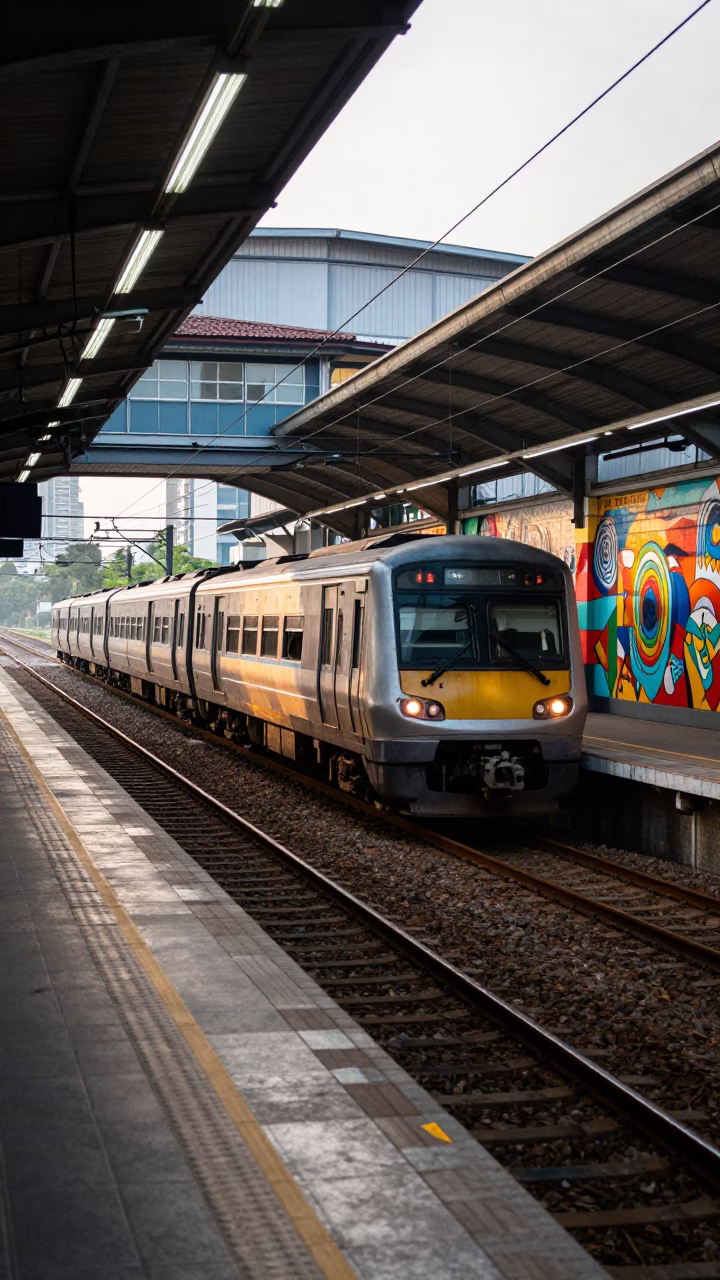Kuala Lumpur Train Arrival at As First Light Reaches The Scene in in Kuala Lumpur, Malaysia