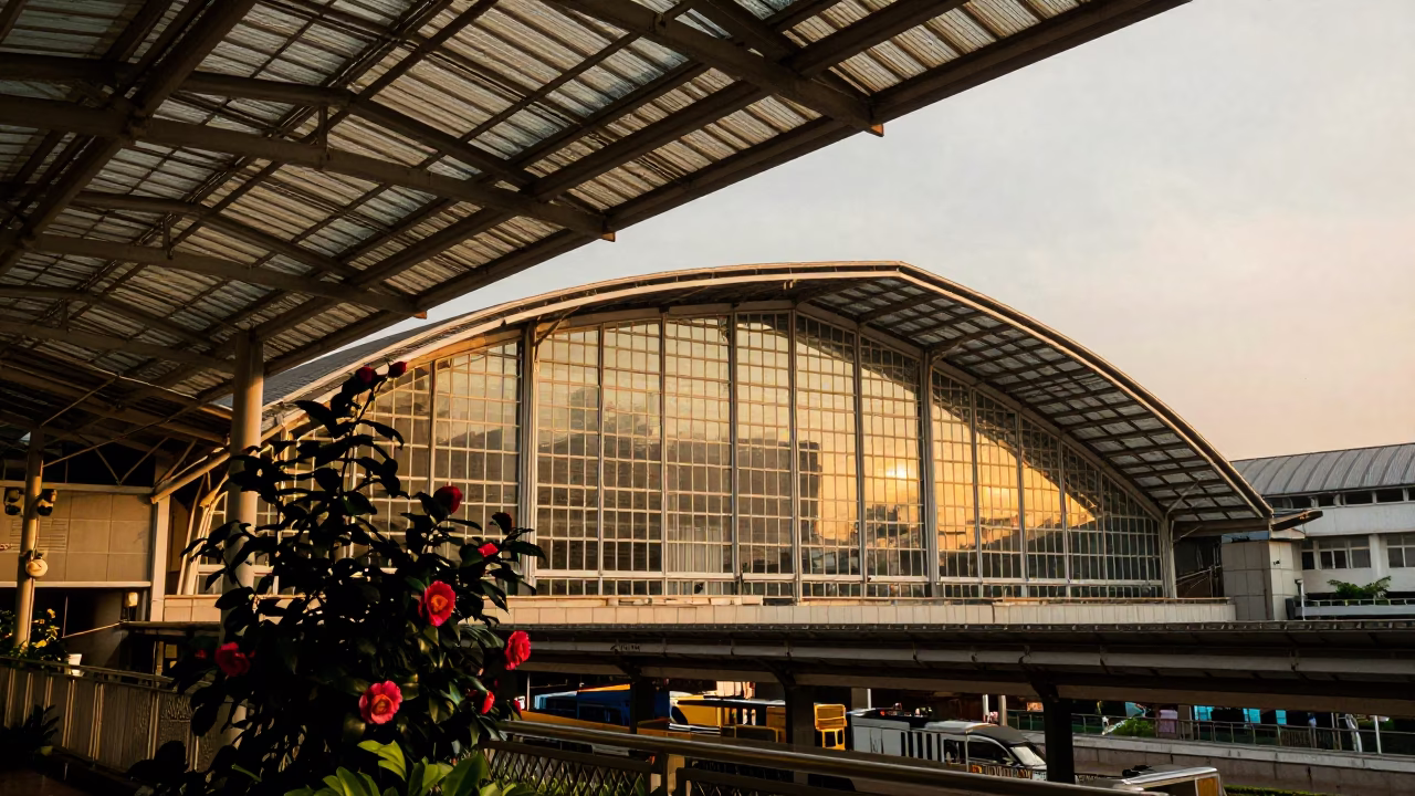 Kuala Lumpur Train Station Arched Roof Honeyed Evening Light Camellia Bush in in Kuala Lumpur, Malaysia