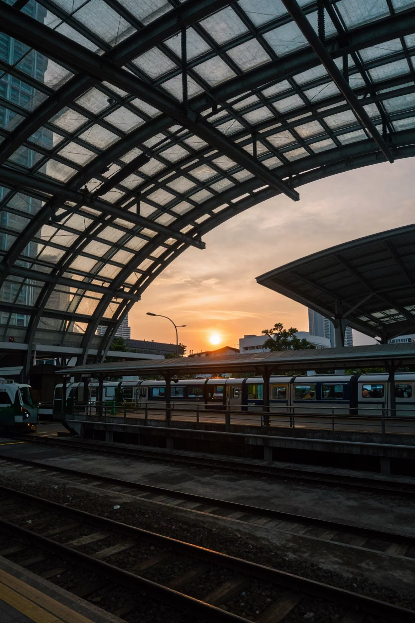 Kuala Lumpur Train Station at Sunset with Glass Steel Arched Roof in in Kuala Lumpur, Malaysia