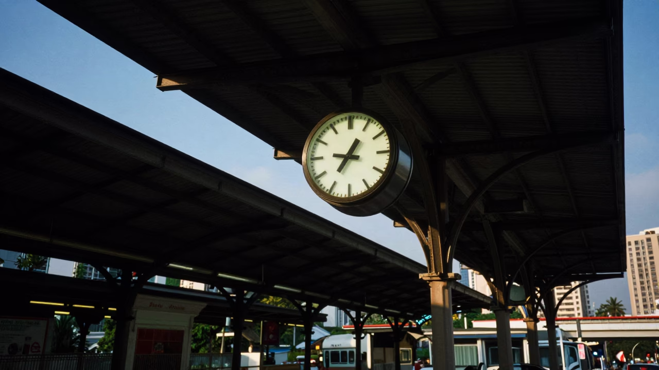 Kuala Lumpur Train Station Clock Under Iron Roof at Blue Hour in in Kuala Lumpur, Malaysia