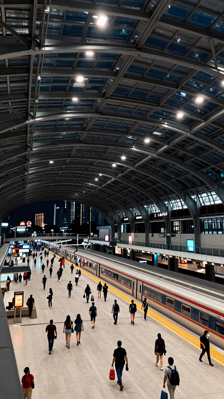 Kuala Lumpur Train Station Interior at Night with Steel Arches and Commuters in in Kuala Lumpur, Malaysia