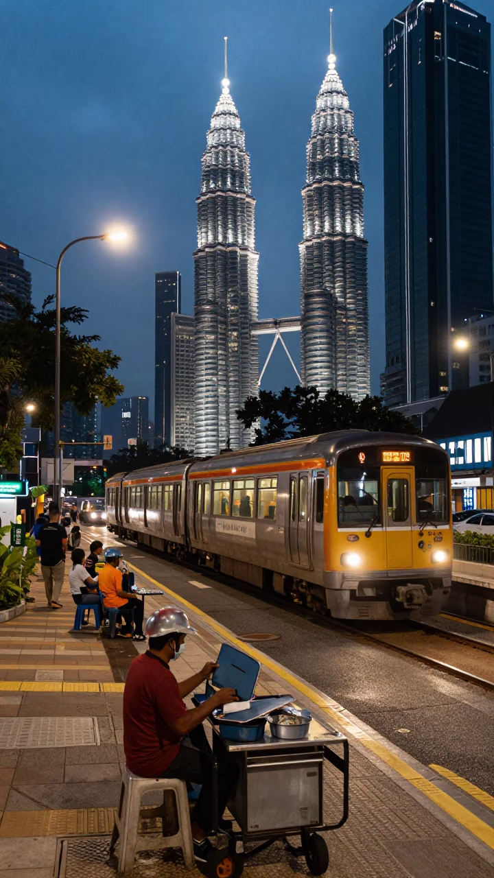Kuala Lumpur Twilight Street Scene with Commuter Train and Local Market Details in in Kuala Lumpur, Malaysia