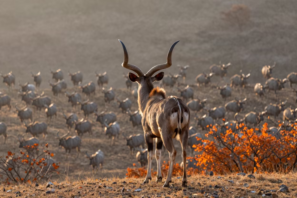 Kudu Bull on Japanese Autumn Ridge at Dawn in on a wind-scoured ridge in Japan