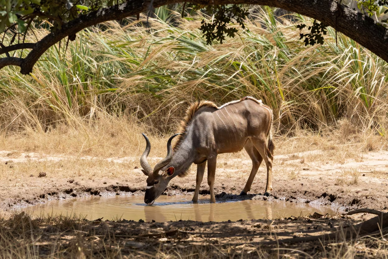 Kudu Bull Spiral Horns Waterhole Oklahoma Midday in near Oklahoma City