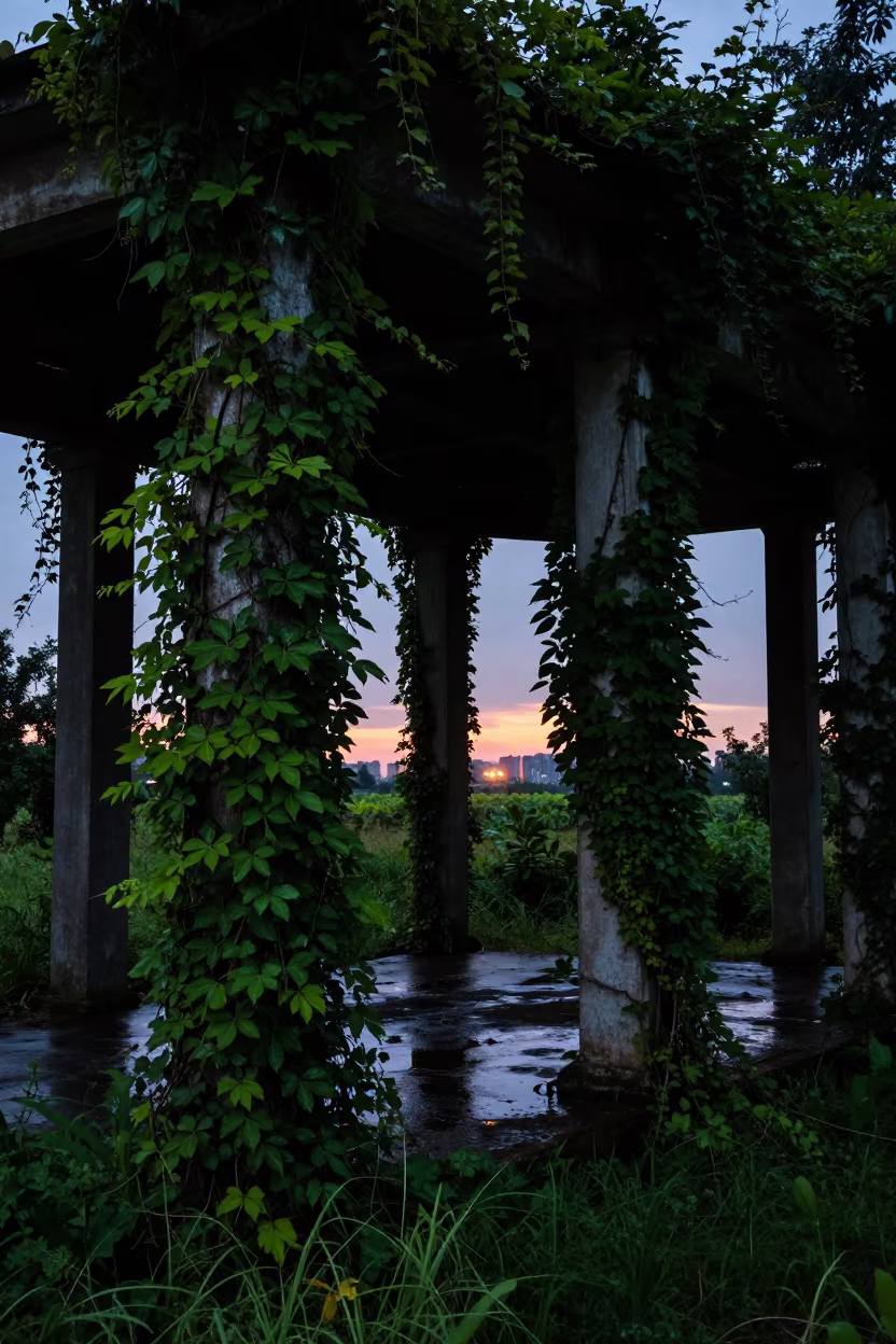 Kudzu-Wrapped Columns Against Dusk Glow in along a vine-choked corridor near Brampton