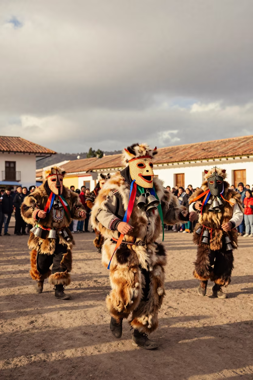 Kukeri Festival Fur Costumes Golden Hour Huánuco in at a public square during a festival in Huánuco