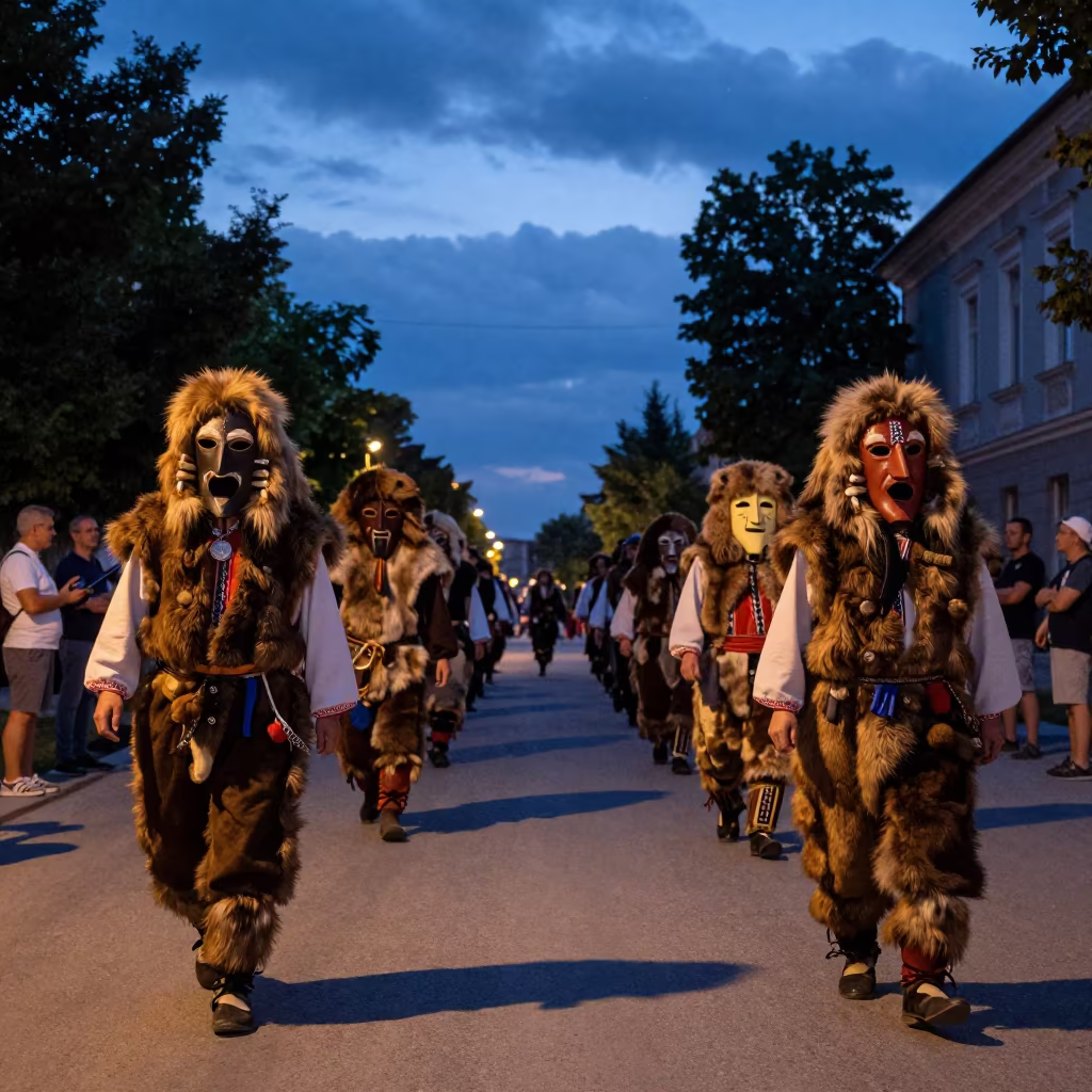 Kukeri Festival Procession Predawn Rzeszow Street in at a festival street procession in Rzeszów