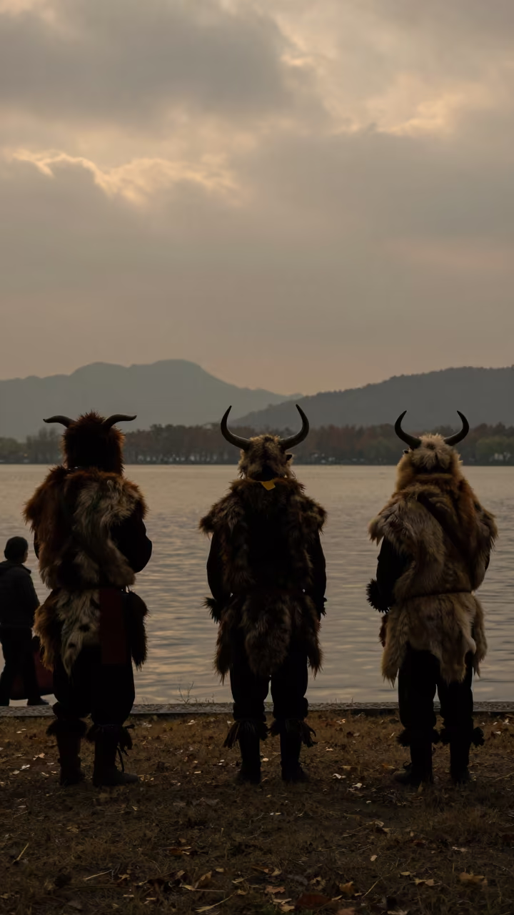 Kukeri Festival Silhouettes Hangzhou Waterfront Twilight in at a waterfront celebration in Hangzhou