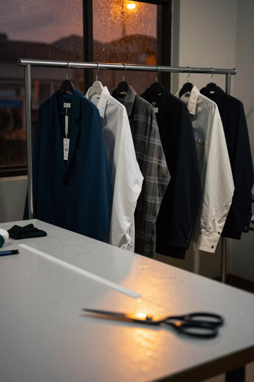 Kumasi Tailoring Rail Wet Season Evening in at a tailoring table strewn with chalk and shears near Kumasi