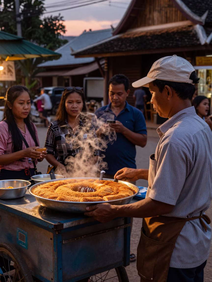 Kunafa Dessert at Copper-toned Light Before Dusk in Luang Prabang in in Luang Prabang, Laos