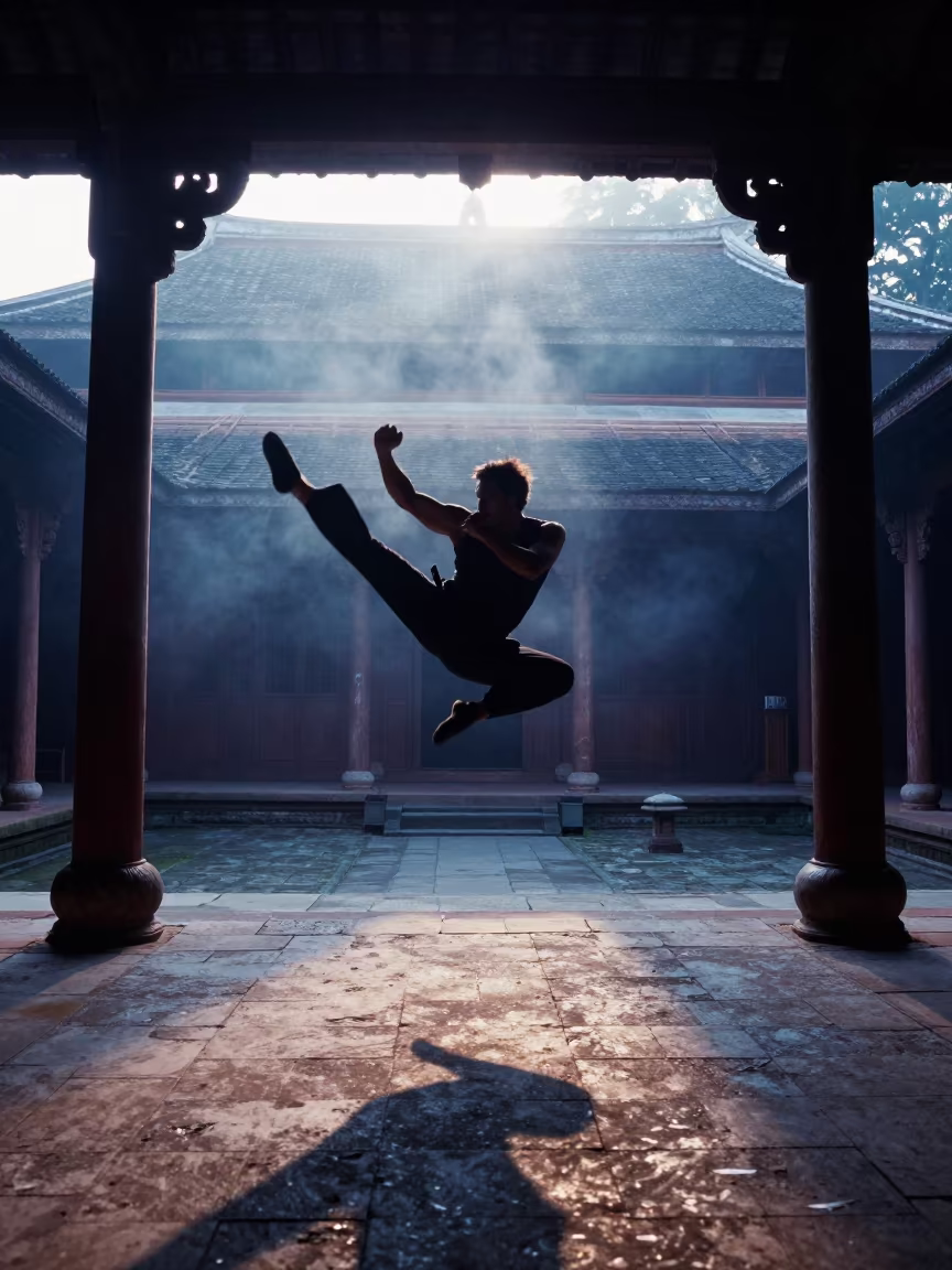 Kung Fu Flying Kick at Dawn in Medan in in Medan