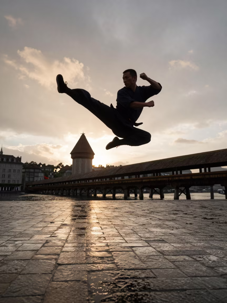 Kung Fu Kick Over Lucerne Square at Sunset in at a public square in Lucerne
