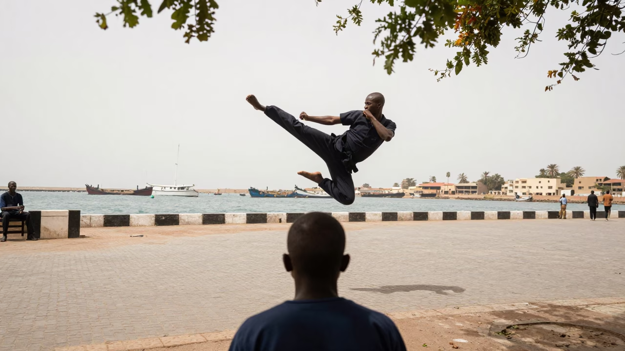 Kung Fu Kick Over Nouakchott Harbor in at a harbor edge in Nouakchott
