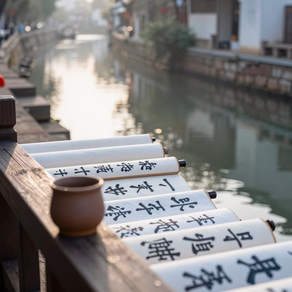 Kunming Bookseller Beside Canal With Scrolls in beside a canal in Kunming
