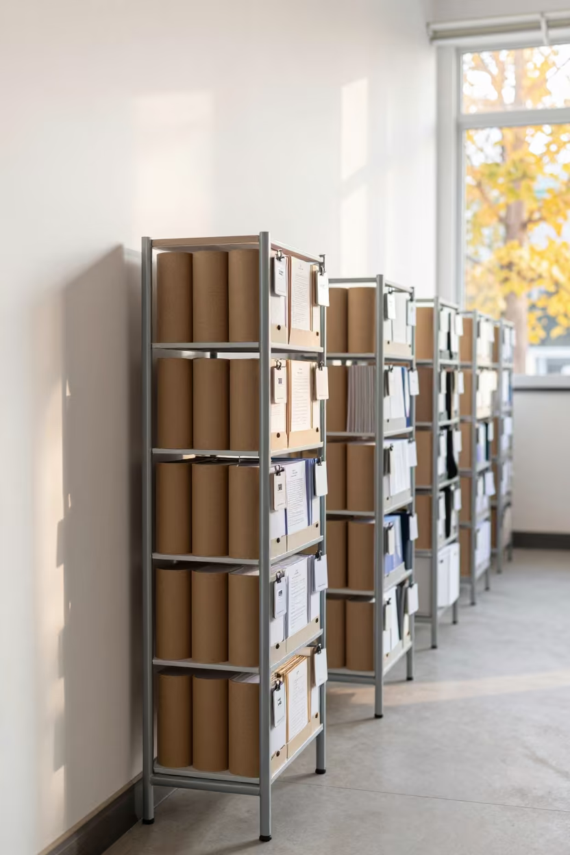 Kunming Coworking Tube Rack with Binders and Cards in inside a coworking floor in Kunming
