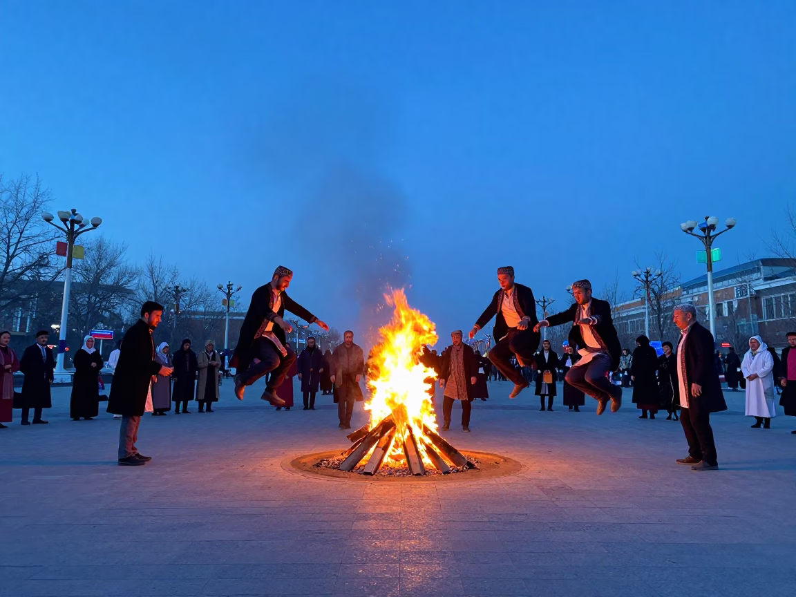 Kurdish Newroz Fire Jumping in Beijing Square in at a public square during a festival in Beijing