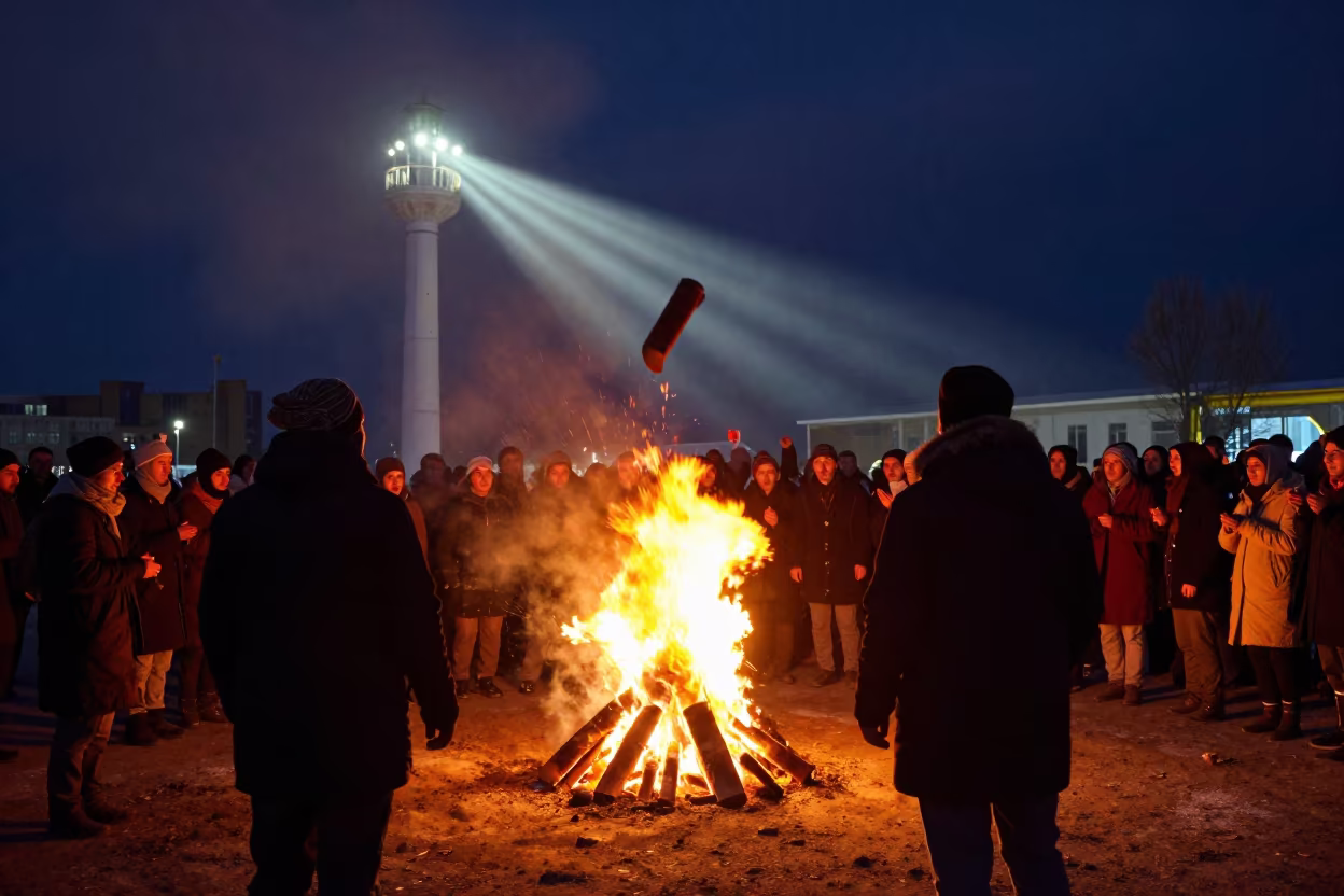 Kurdish Newroz Fire Jumping in Nukus Square in at a public square during a festival near Nukus