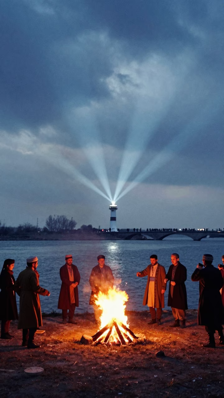 Kurdish Newroz Fire Jumping Suzhou Waterfront Midnight in at a waterfront celebration near Suzhou