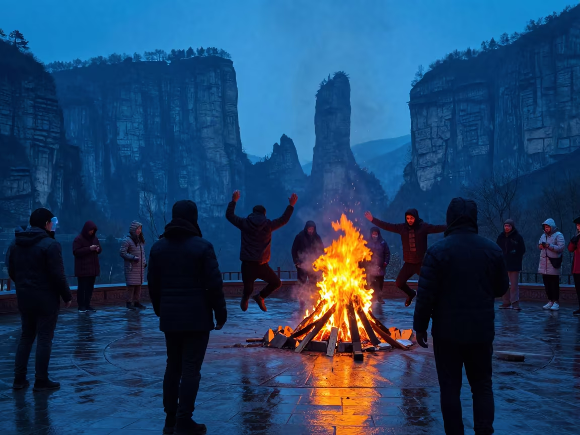 Kurdish Newroz Fire Jumping at Zhangjiajie Waterfront in at a waterfront celebration in Zhangjiajie