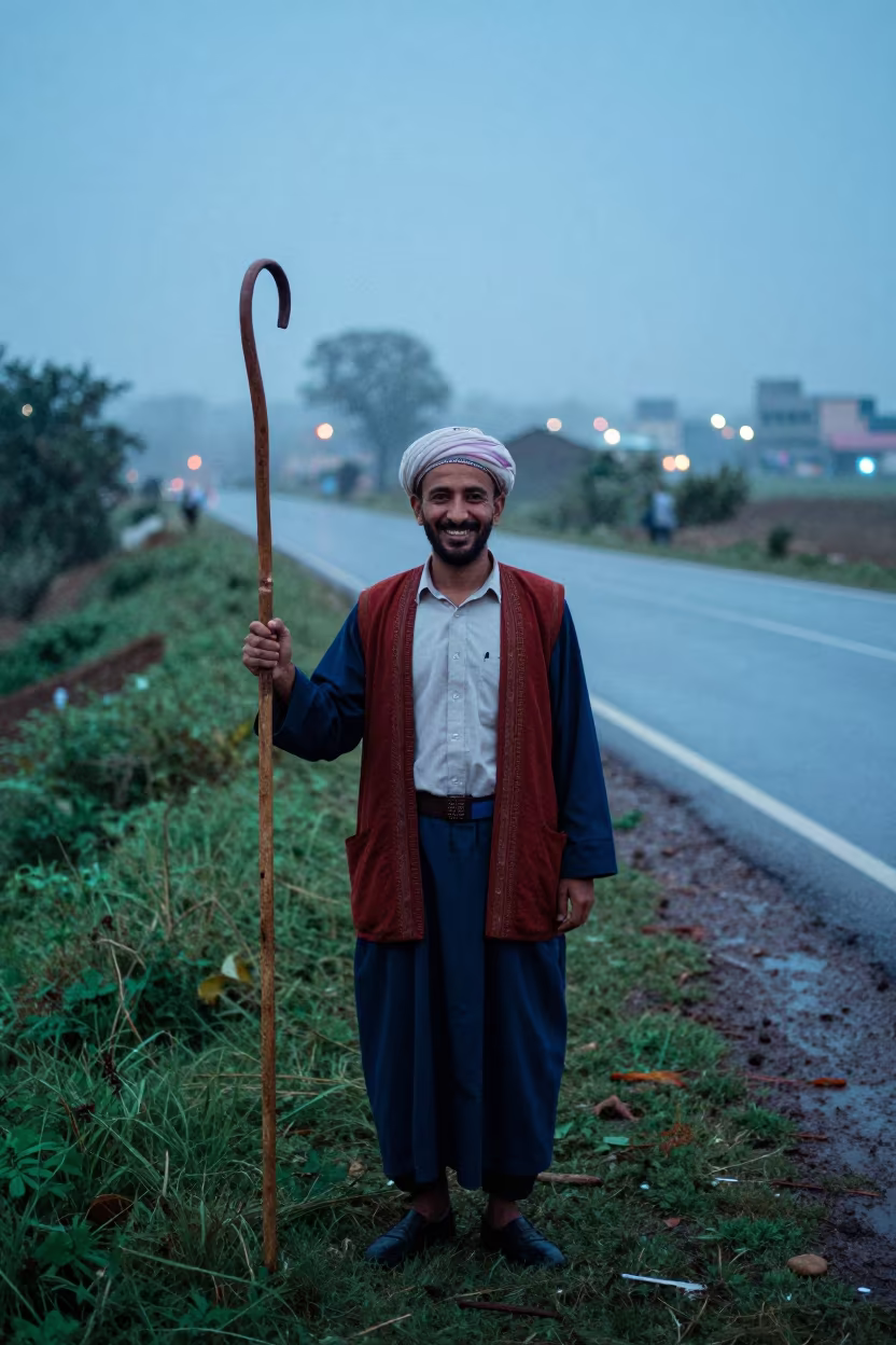 Kurdish Shepherd With Crook Near Ulhasnagar City Lights in at a roadside stop near Ulhasnagar