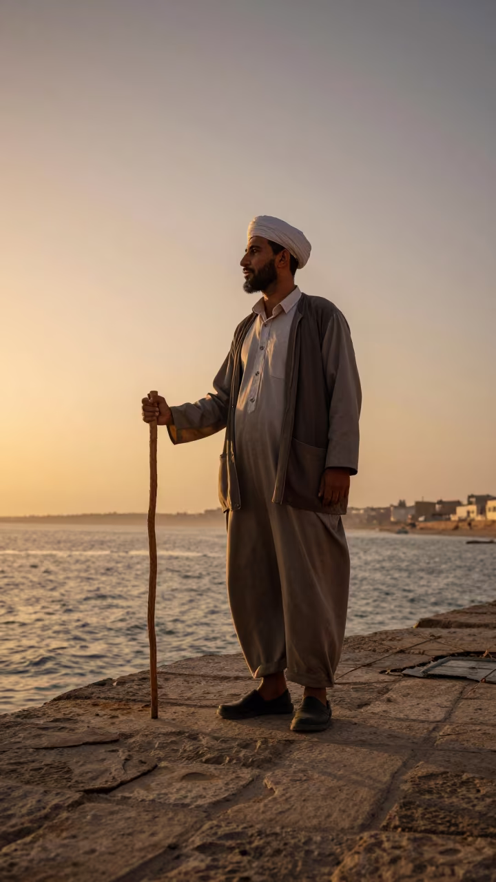 Kurdish Shepherd at Khemisset Harbor at Sunset in at a harbor quay near Khemisset
