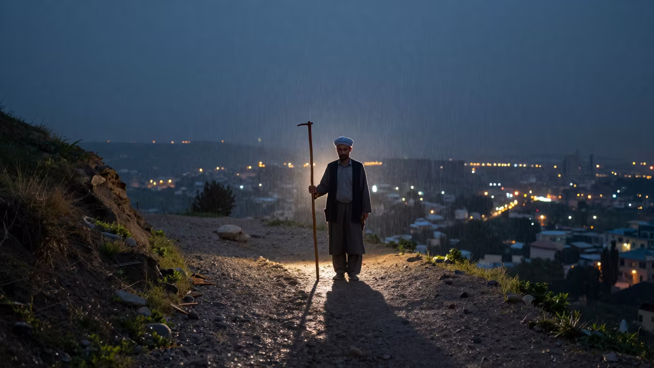 Kurdish Shepherd on Monsoon Hillside at Dusk in on a mountain path near Hafizabad