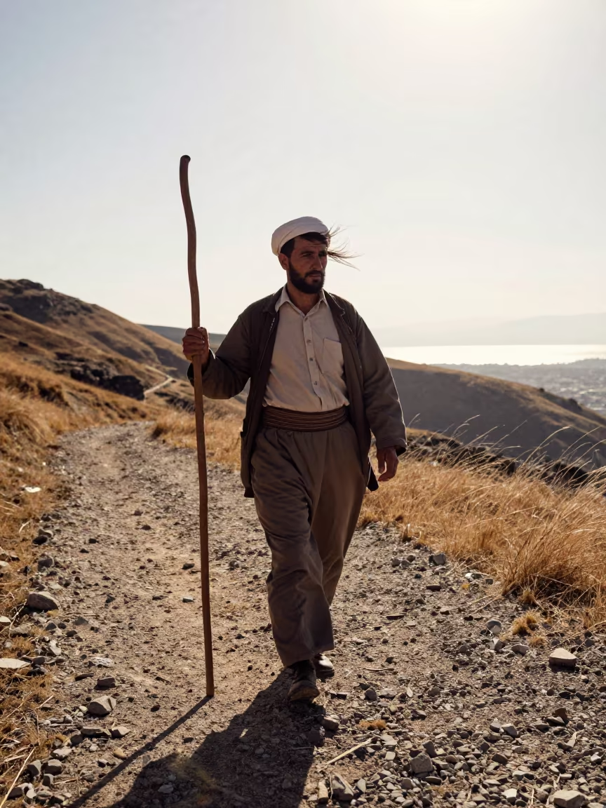 Kurdish Shepherd on Nagoya Hillside Late Afternoon in on a mountain path near Nagoya