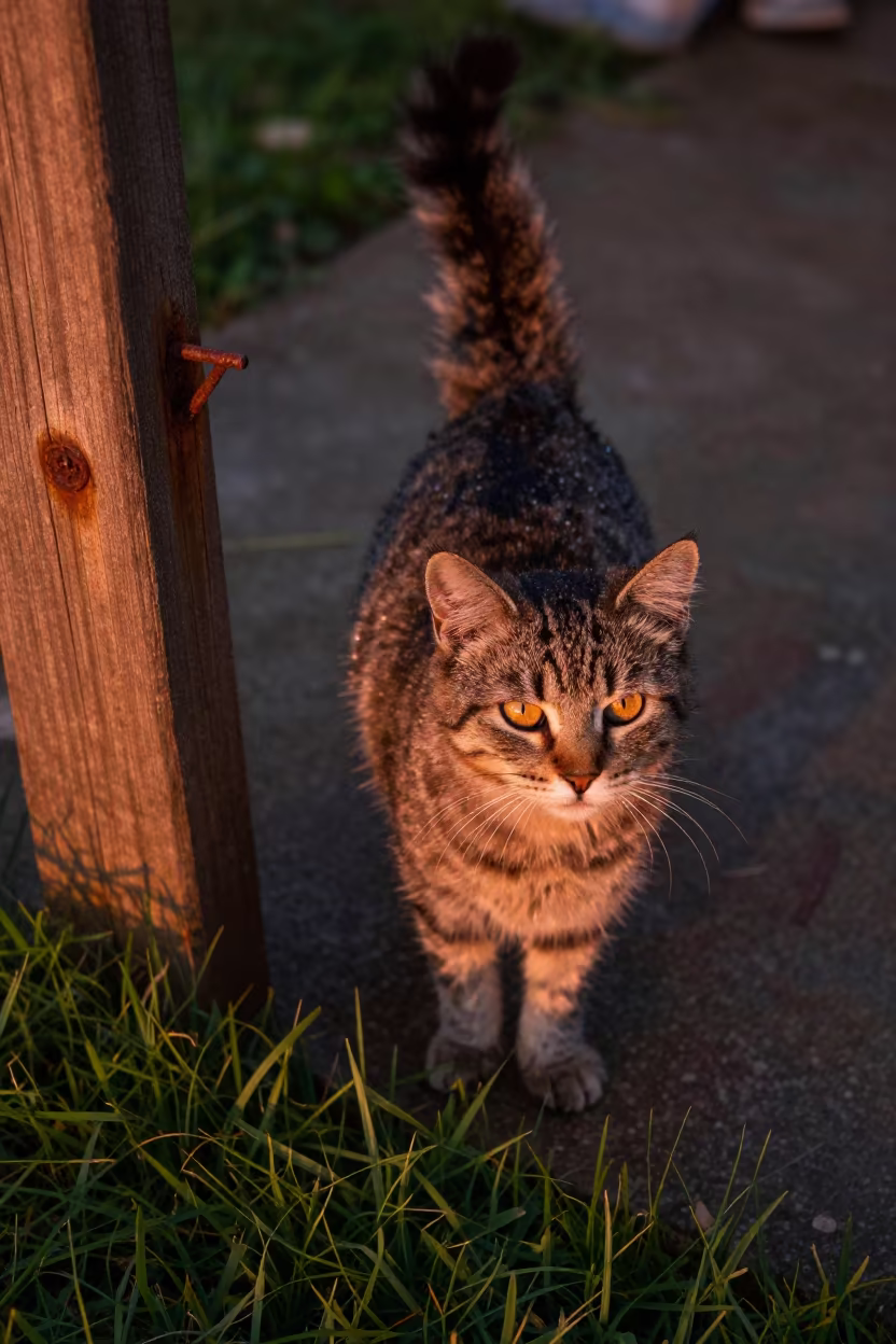 Kurilian Bobtail Cat in Desouk Garden in in a small yard with clipped grass, calm light, and the animal centered in frame in Desouk