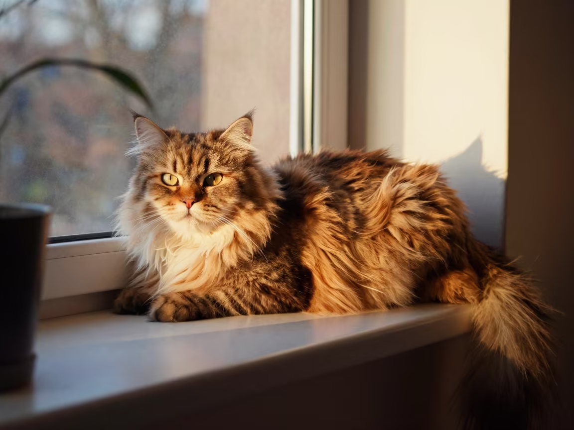 Kurilian Bobtail Cat in Golden Hour Window Seat in on a window seat in a quiet apartment with soft side light in Fallujah