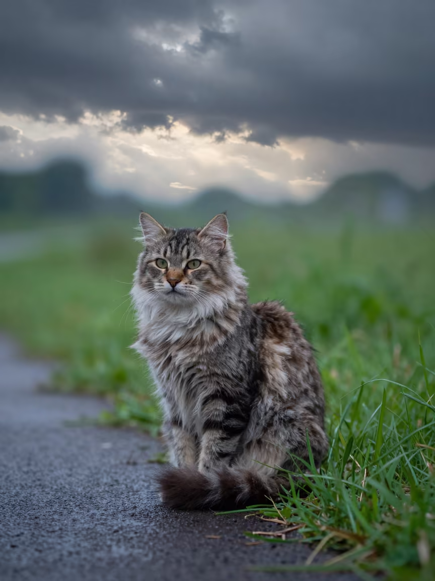 Kurilian Bobtail Cat in Monsoon Dawn in along a quiet park path with soft open shade and a clean background in Jashore