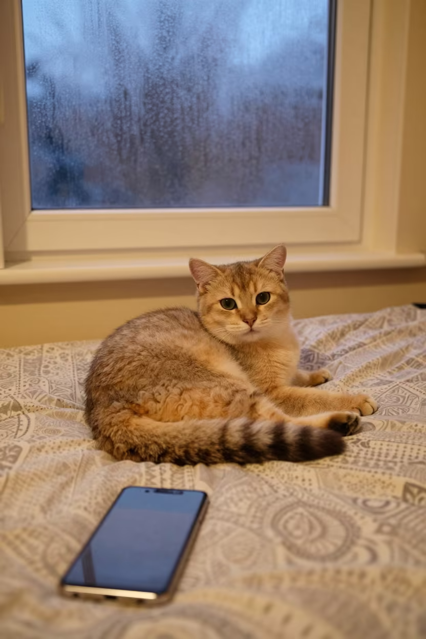 Kurilian Bobtail Cat Lounging on Bedspread Near Window in on a bedspread near a bright window with calm indoor light near Jhang
