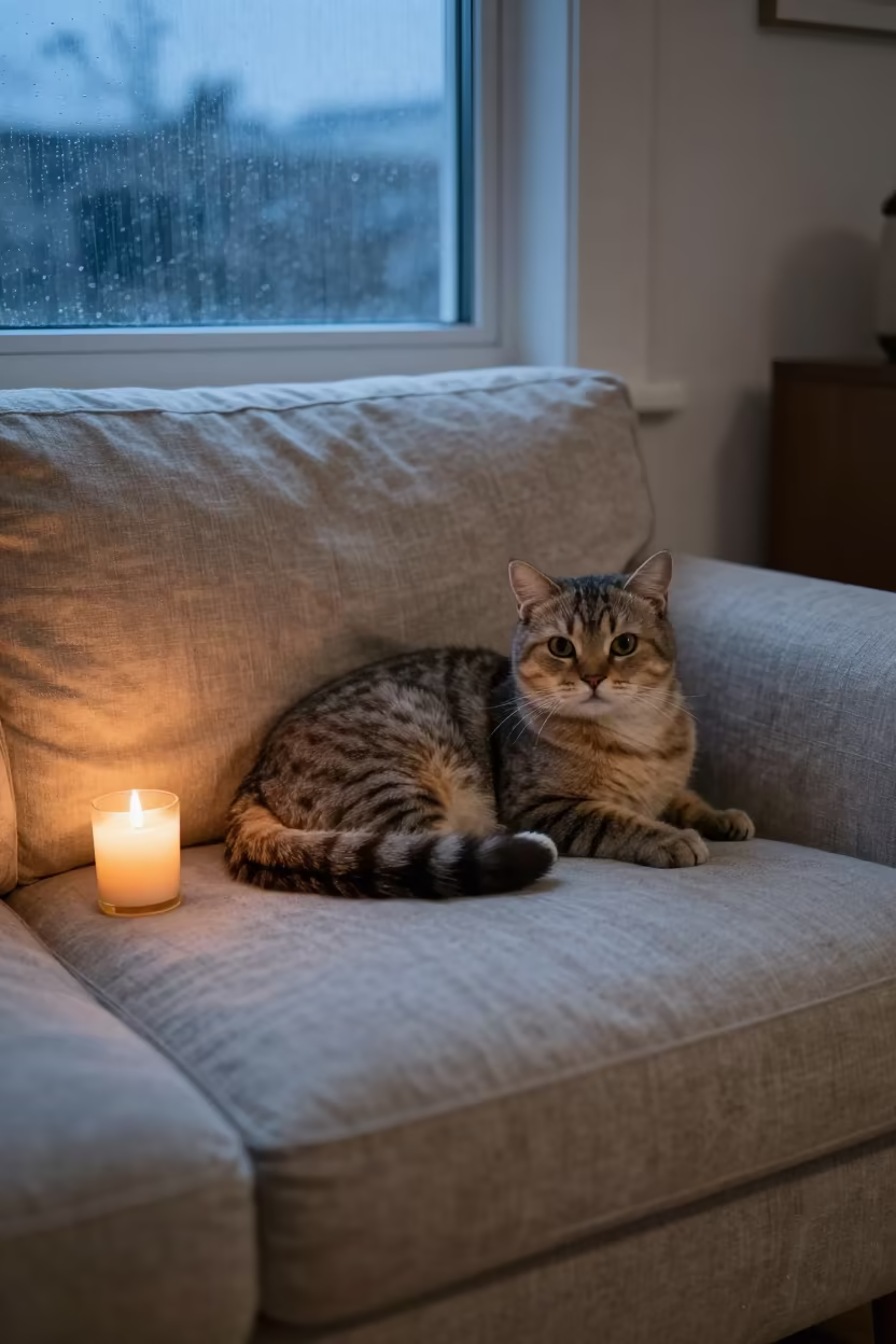 Kurilian Bobtail Cat on Linen Sofa Evening in on a linen sofa with daylight from a nearby window in Indore