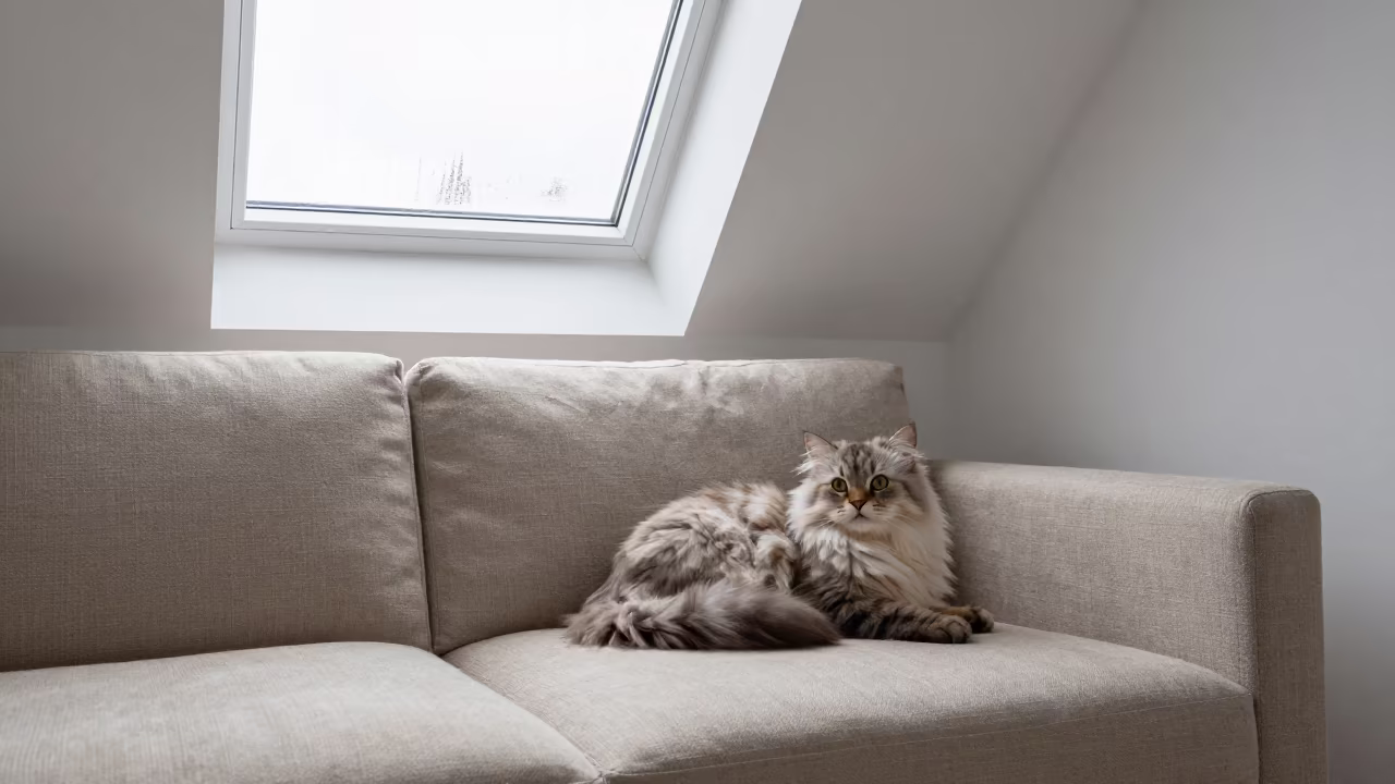Kurilian Bobtail Cat on Linen Sofa in Sibiu Winter Light in on a linen sofa with daylight from a nearby window in Sibiu