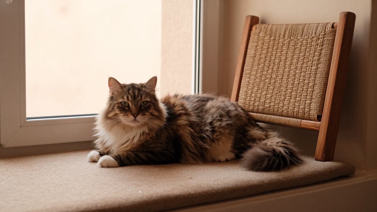 Kurilian Bobtail Cat on Window Seat in Touggourt in on a cushioned window seat with soft side light and an uncluttered background in Touggourt