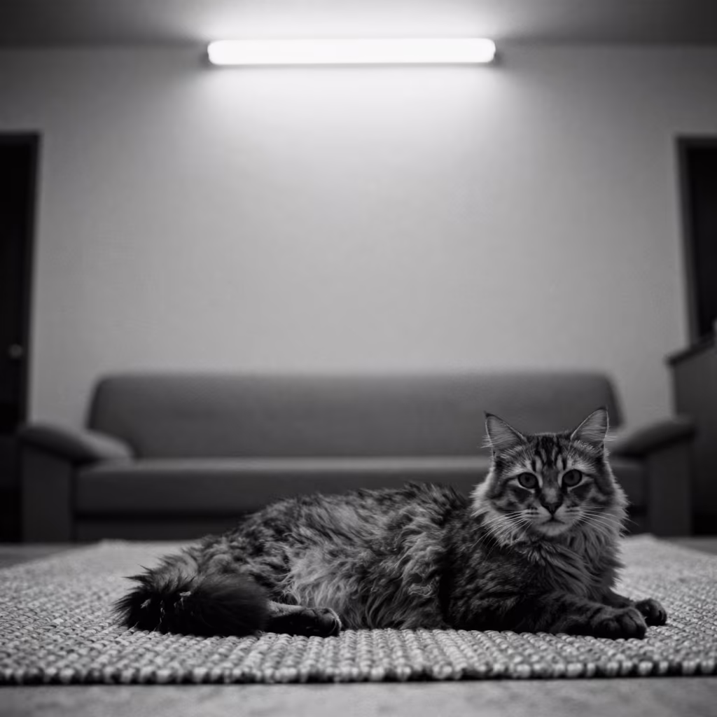 Kurilian Bobtail Cat on Woven Rug Indoors in on a woven rug beside a low couch and an uncluttered wall in Chakwal