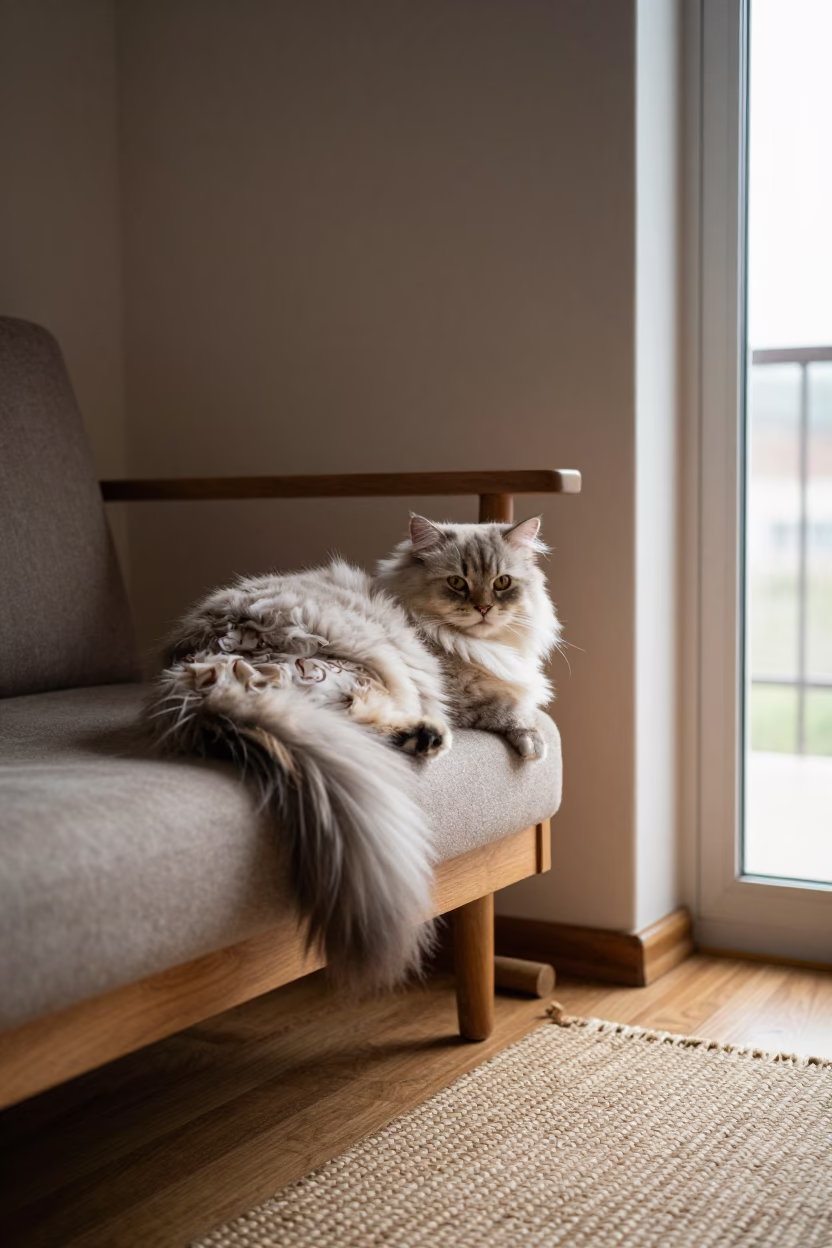 Kurilian Bobtail Longhair Cat on Woven Rug Indoors in on a woven rug beside a low couch and an uncluttered wall in Santa Teresa del Tuy