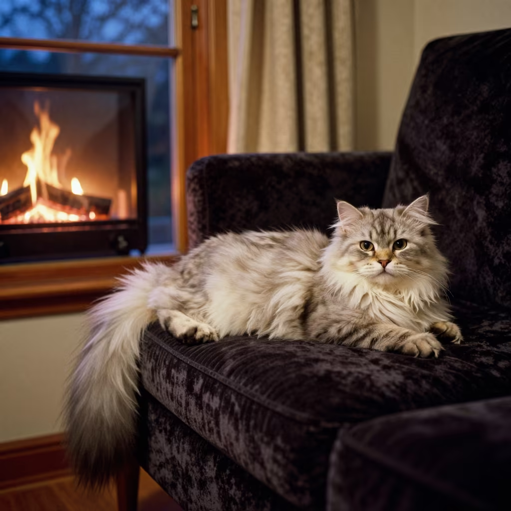 Kurilian Bobtail Longhair Cat Portrait Winter Night in on a sofa near a curtained window with calm indoor light in Xian