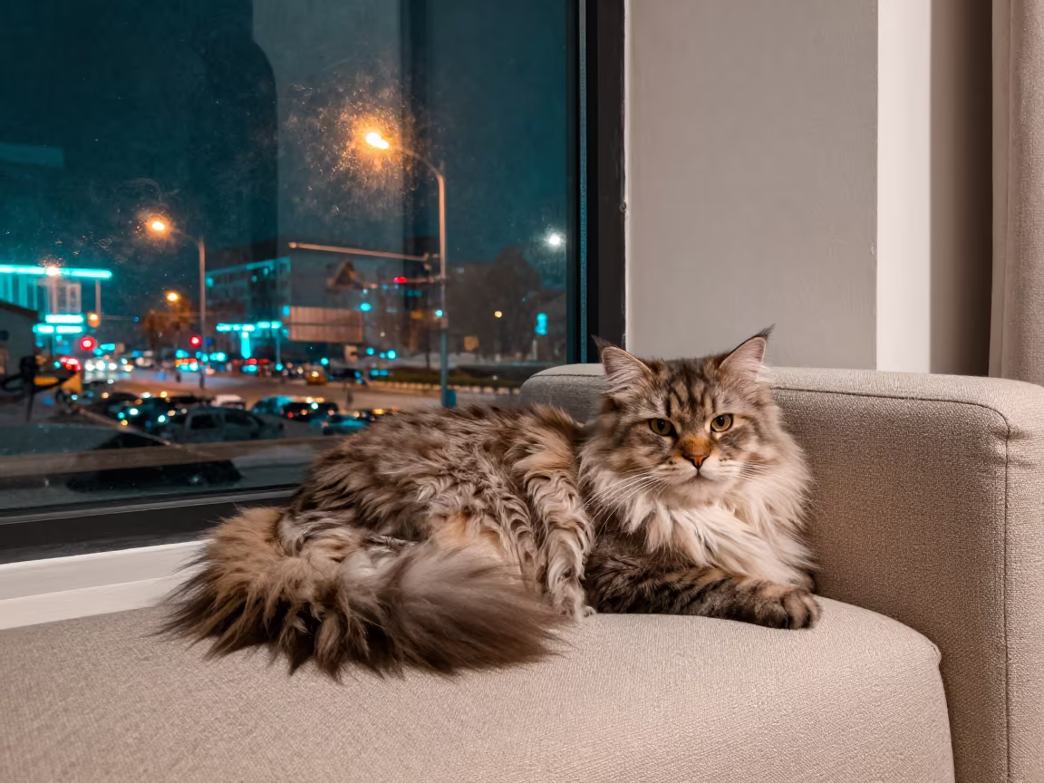 Kurilian Bobtail Longhair on Dalian Sofa in on a linen sofa with daylight from a nearby window in Dalian