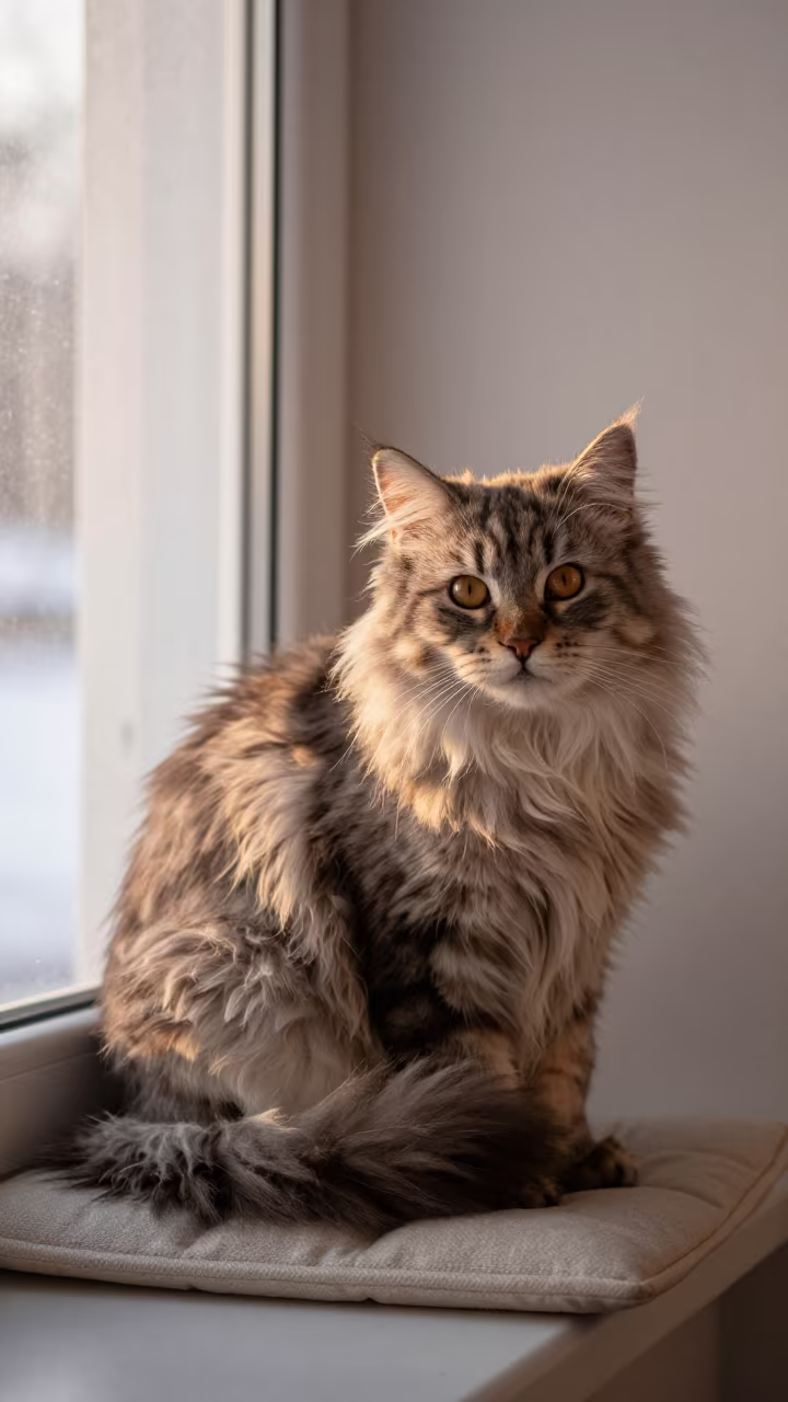 Kurilian Bobtail Longhair on Window Seat in on a cushioned window seat with soft side light and an uncluttered background near Gdansk