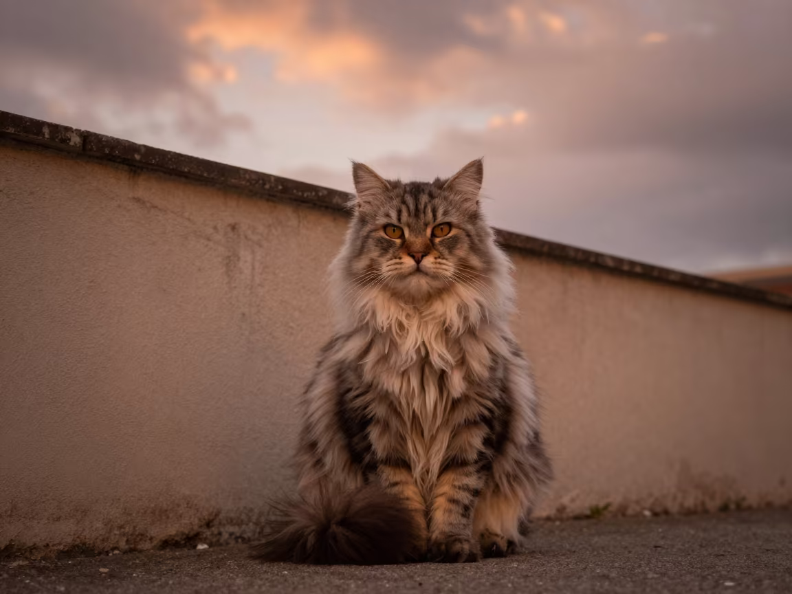 Kurilian Bobtail Longhair Portrait in Monrovia in beside a plain courtyard wall in clear daylight with the animal at eye level in Monrovia