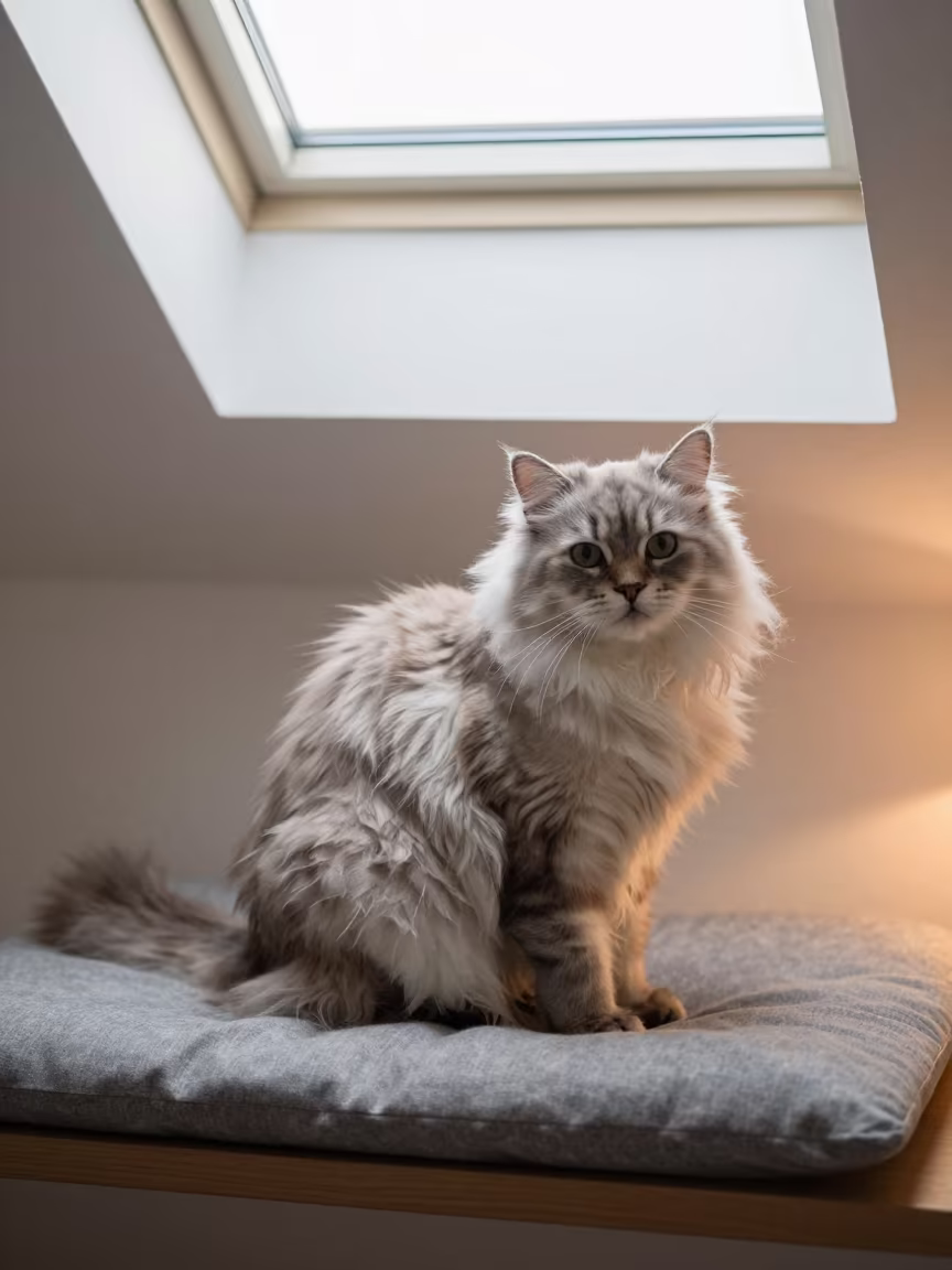 Kurilian Bobtail Longhair Portrait on Window Seat in on a cushioned window seat with soft side light and an uncluttered background in Quevedo
