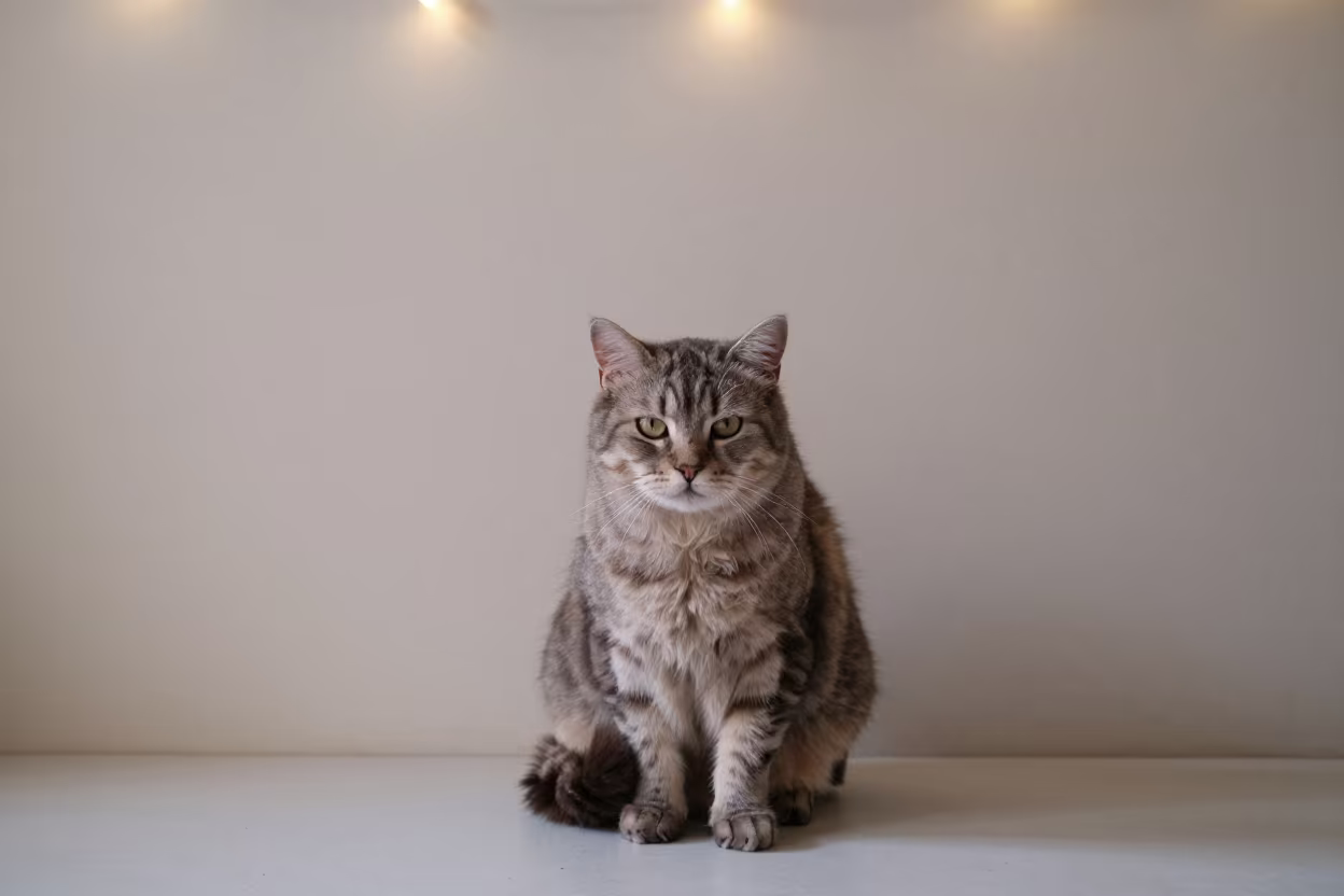 Kurilian Bobtail Portrait in Soft Night Light in beside a plain plaster wall in soft indoor light with the animal centered in frame in Porto Alegre