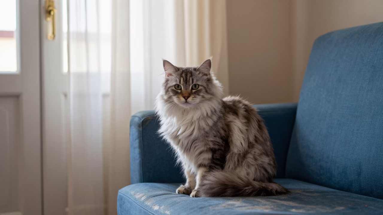 Kurilian Bobtail Portrait Near Curtained Window in Tlemcen in on a sofa near a curtained window with calm indoor light in Tlemcen