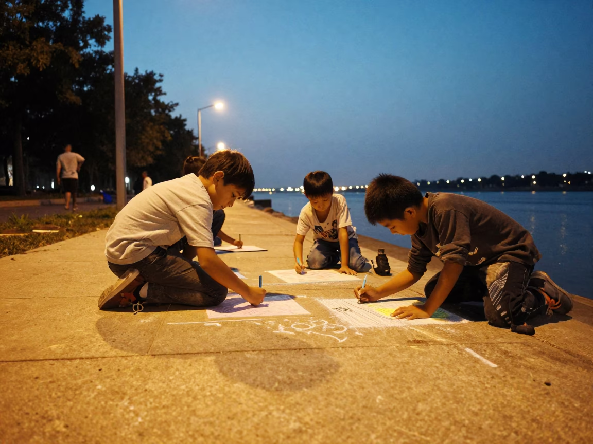 Kut Children Chalk Drawings Under Sodium Light in near a riverside landing in Kut